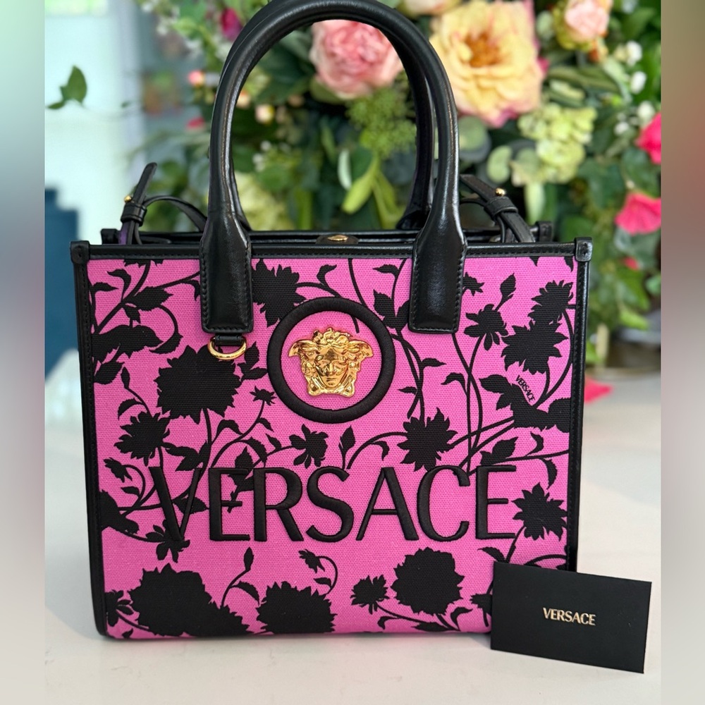 Versace La Medusa Tote Bag in Black & Pink with Crossbody Stap ~ EUC Gently Used - Picture 2 of 15